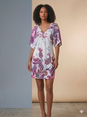 Cristinalove White Dress with Pink and Purple Paisley Print
